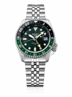 Seiko 5 Sports GMT Green Sunburst Dial Jubilee Style Stainless Steel Watch
