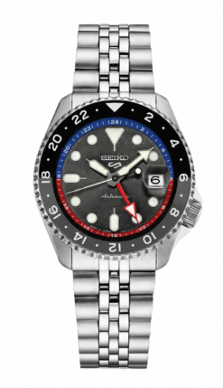 Seiko 5 Sports GMT Textured Black Grey Jubilee Style Stainless Steel Bracelet Watch