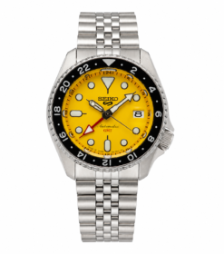 Seiko 5 Sports GMT Bright Yellow Jubilee Style Stainless Steel Bracelet Watch